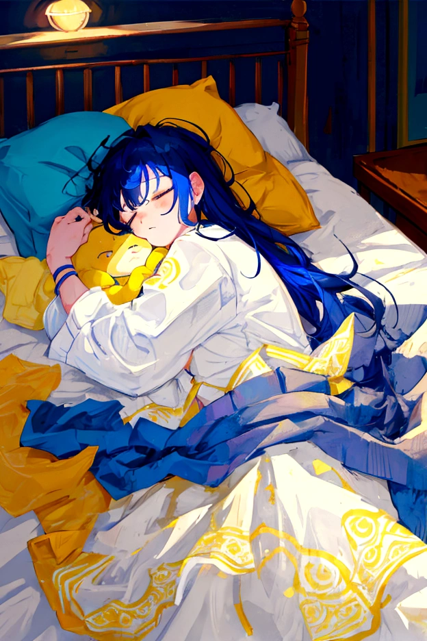 Boy,cute boy,Big belly,blue hair,yellow eyes,sleep, sleeping in bed, night, baby, hug,hugging a baby