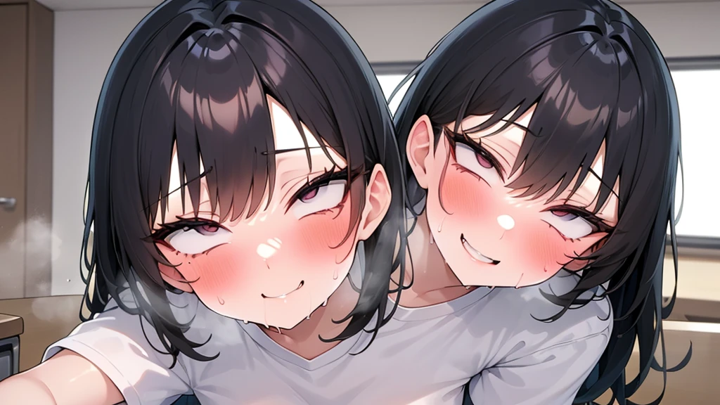 A short girl, girl wearing a oversized plain White T-shirt seduces viewer
 , (evil smile:1.2), short sleeve, tan skin, Saucy, blush,
absurd-resolution, ultra-detailed, best quality, cute illustration, (((Oily skin、Shiny skin、sweat,wet,Vulgarity))), ((steam))、(full shot:1.8),whole body、in the class room in Japan,eating ice