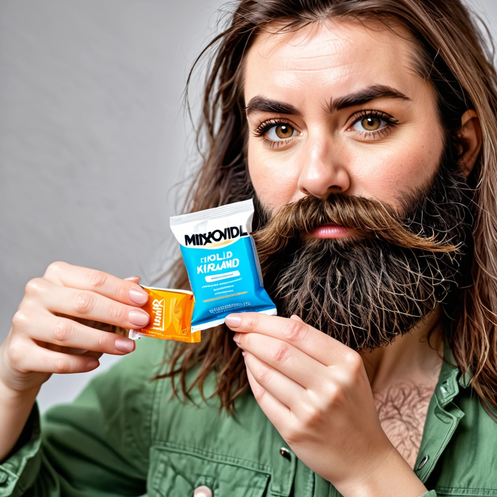 extremely bearded shaggy and hairy woman, hold a packet of minoxidil kirkland in her hands