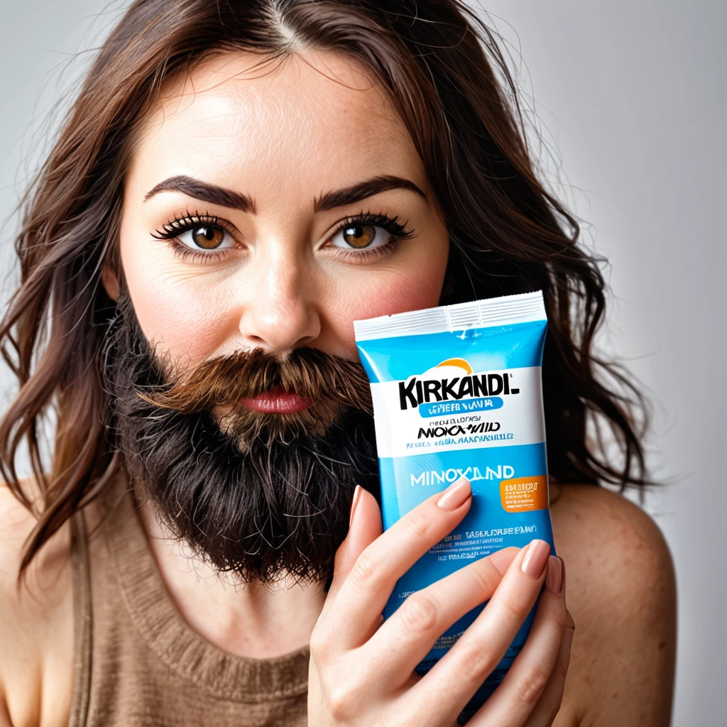 extremely bearded shaggy and hairy woman, hold a packet of minoxidil kirkland in her hands