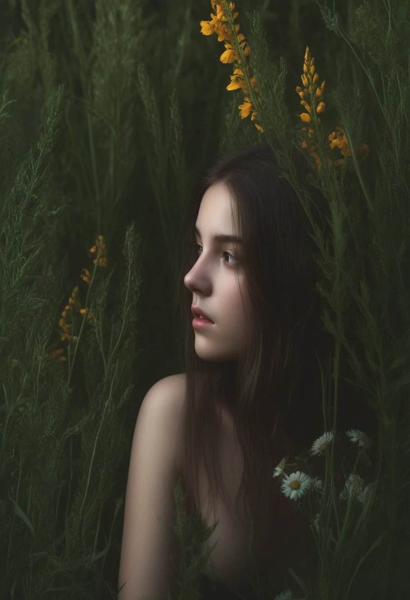 The halfbody shot of a girl: {cute teen, surrounded wild flowers}, baroque, tenebroso, chiaroscuro, expressive emotion, extreme emotion, insanity, passion, dynamic pose, action still} By (Caravaggio:1.36), detailed background, masterpice, trending on artstation, best quality, 4k textures, ultra detailed