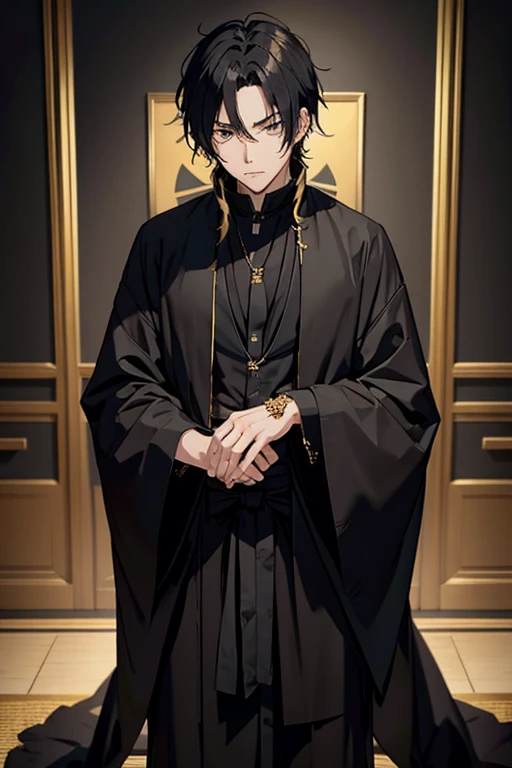 Anime Style、A ragged man dressed in black priestly garb with gold accentale