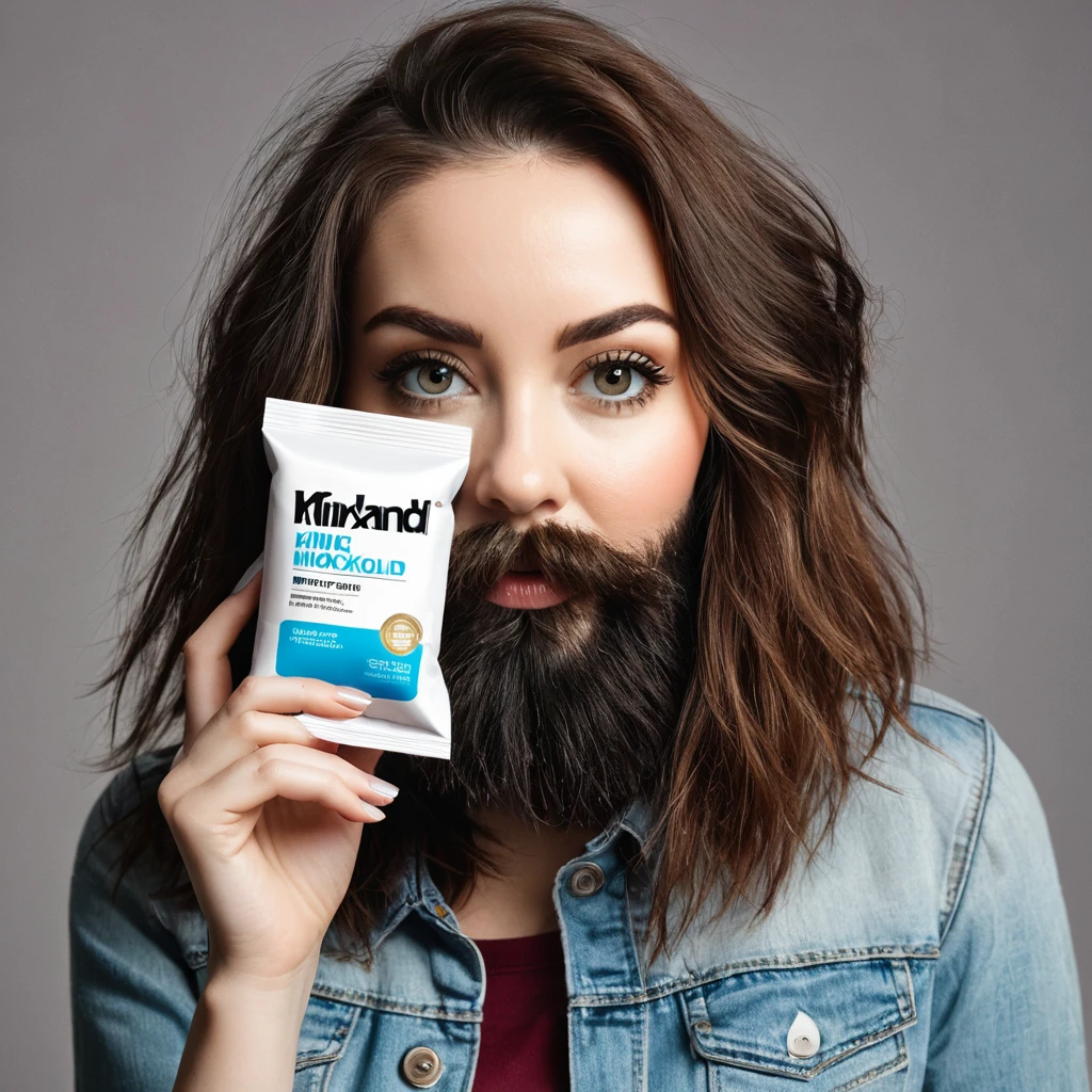 extremely bearded shaggy and hairy woman, hold a packet of minoxidil kirkland in her hands