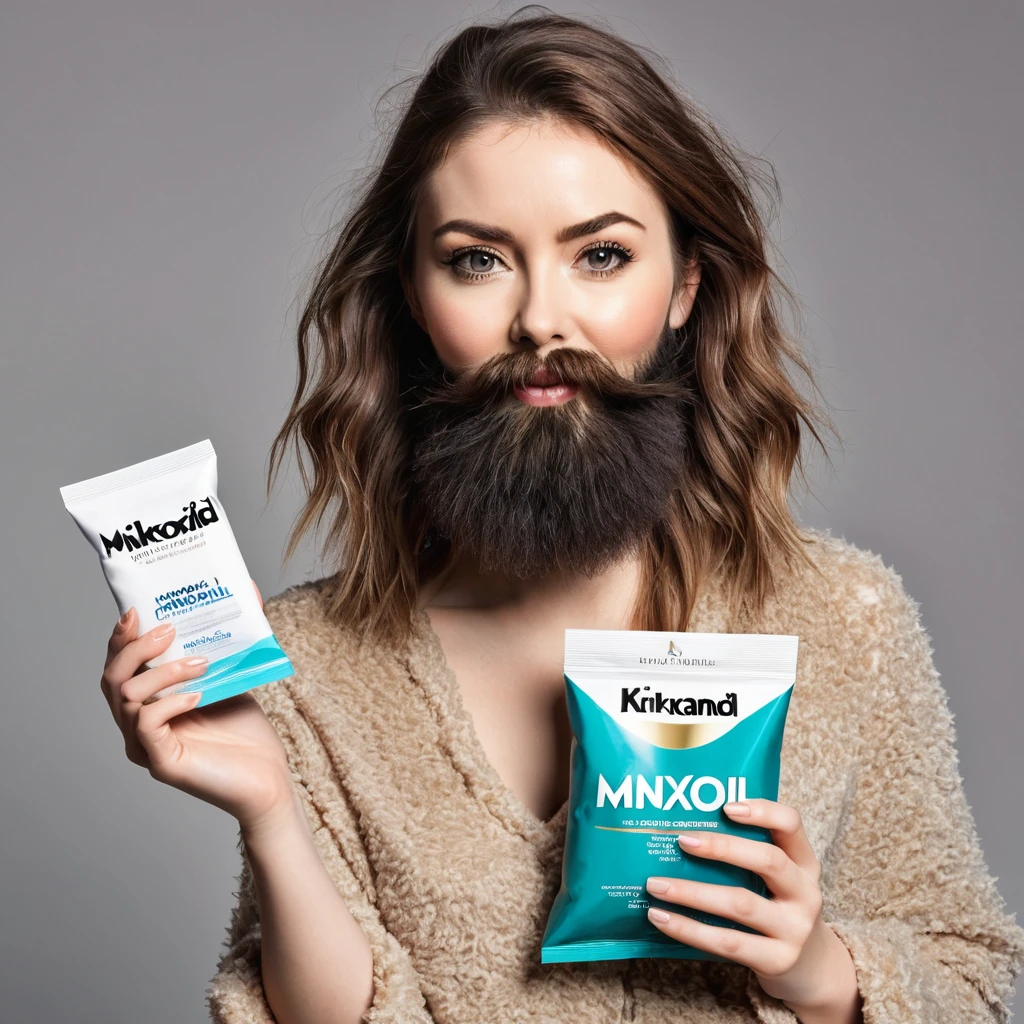 extremely bearded shaggy and hairy woman, hold a packet of minoxidil kirkland in her hands