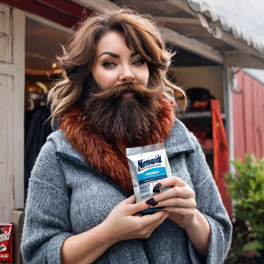 extremely bearded shaggy and hairy woman, hold a packet of minoxidil kirkland in her hands