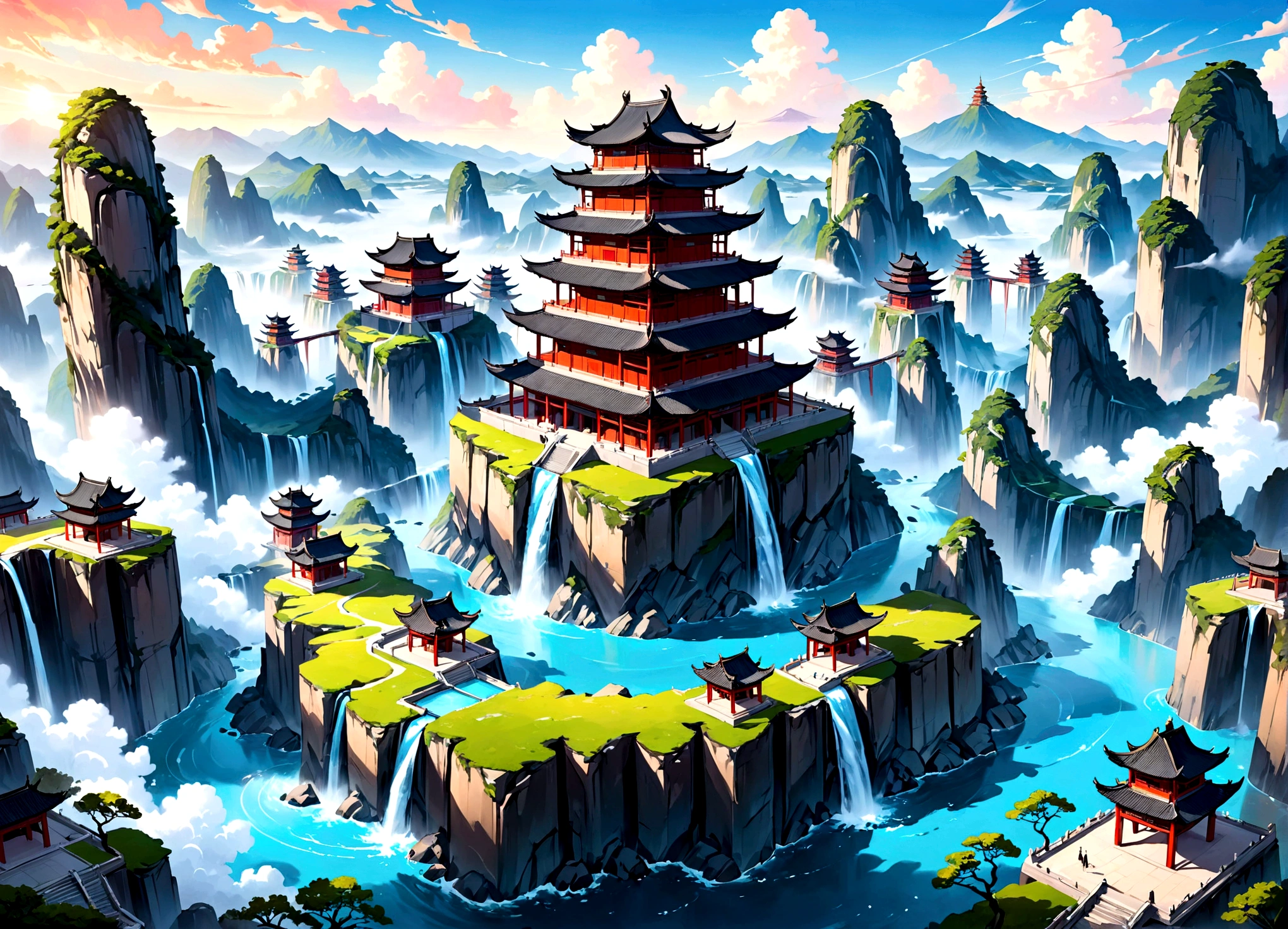 Ink painting with many roc in the background,Chinese style ancient architectural complex floating in the air，There are also some floating islands distributed in the mid to long range，There are many vertical ruins and buildings surrounding it，Mountains and rivers with a Chinese style in the distance are stacked one after another，There is a waterfall flowing down from a suitable place