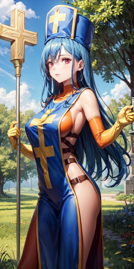 (masterpiece, best quality:1.1), priest \(dq3\), 1girl, solo, long hair, blue hair, red eyes, mitre, tabard, cross print, orange bodysuit, elbow gloves, large breasts, holding, staff, nature, blue sky, cowboy shot,