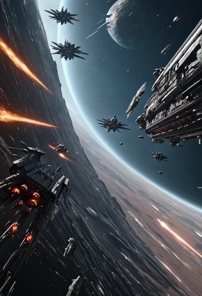 Space War, cinematic still, high budget, cinemascope, 4K epic detailed, by Ian McQue and Boris Groh, best quality, masterpiece, very aesthetic, perfect composition, intricate details, ultra-detailed, vivid colors