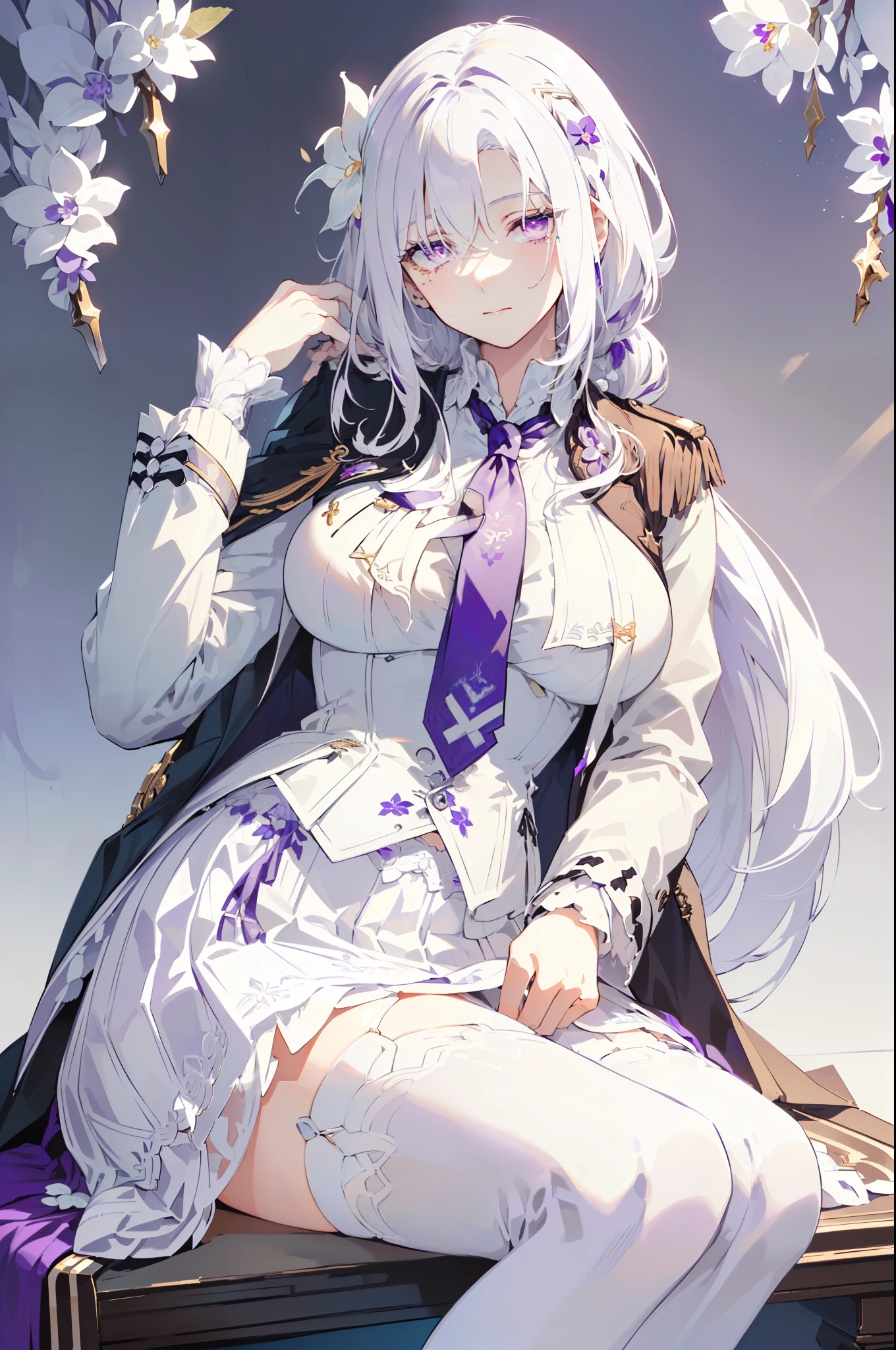 (best quality:1.3), (masterpiece:1.3), (illustration:1.3), (ultra-detailed:1.3), 1girl, (((large breasts))), ((((purple eyes))), (((white hair))), hair ornaments, tall, mature, long hair, (((tailcoat, necktie, long sleeves, white skirt))), purple flowers, hair ornament, french braids, nice hands, perfect hands, mature, low ponytail, sitting, stockings, garter straps, high heels,