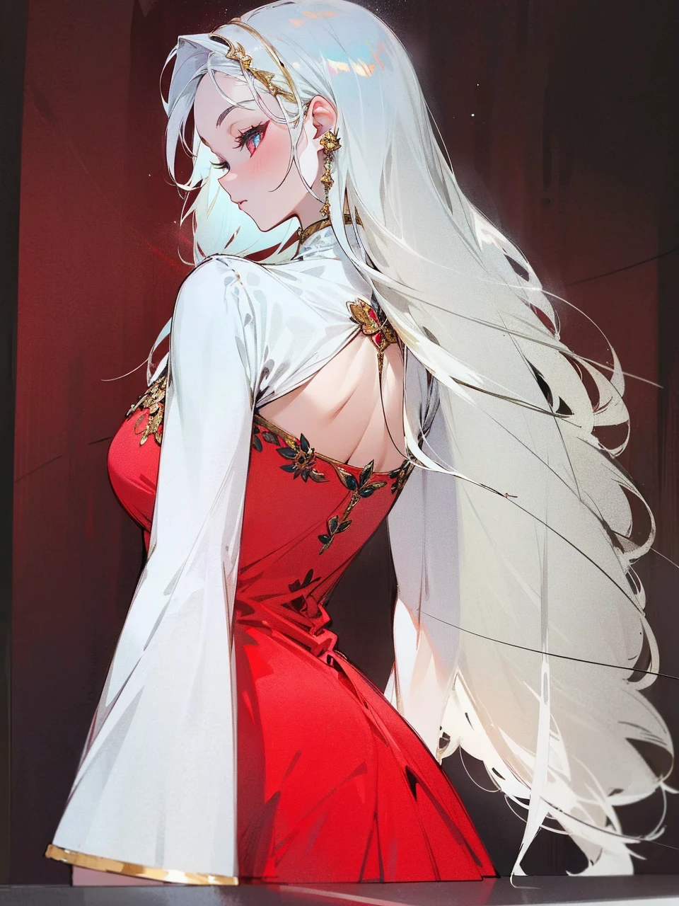 Add in roses to her dress, a good back dress design with some golden jewelry, make her dress into a red and white gown with a hat, give her some unique Jewelry, and make her look somewhat of a demonic angel like appearance to her