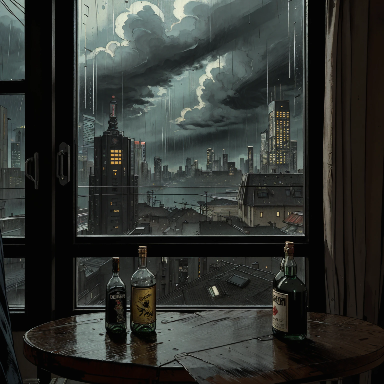 (masterpiece), (dark clouds), (cyberpunk living room), (indoor), (window), (rainy weather), (cyberpunk city), (realistic illustration), (cinematic), (looking out the window), (liquor bottle on table)