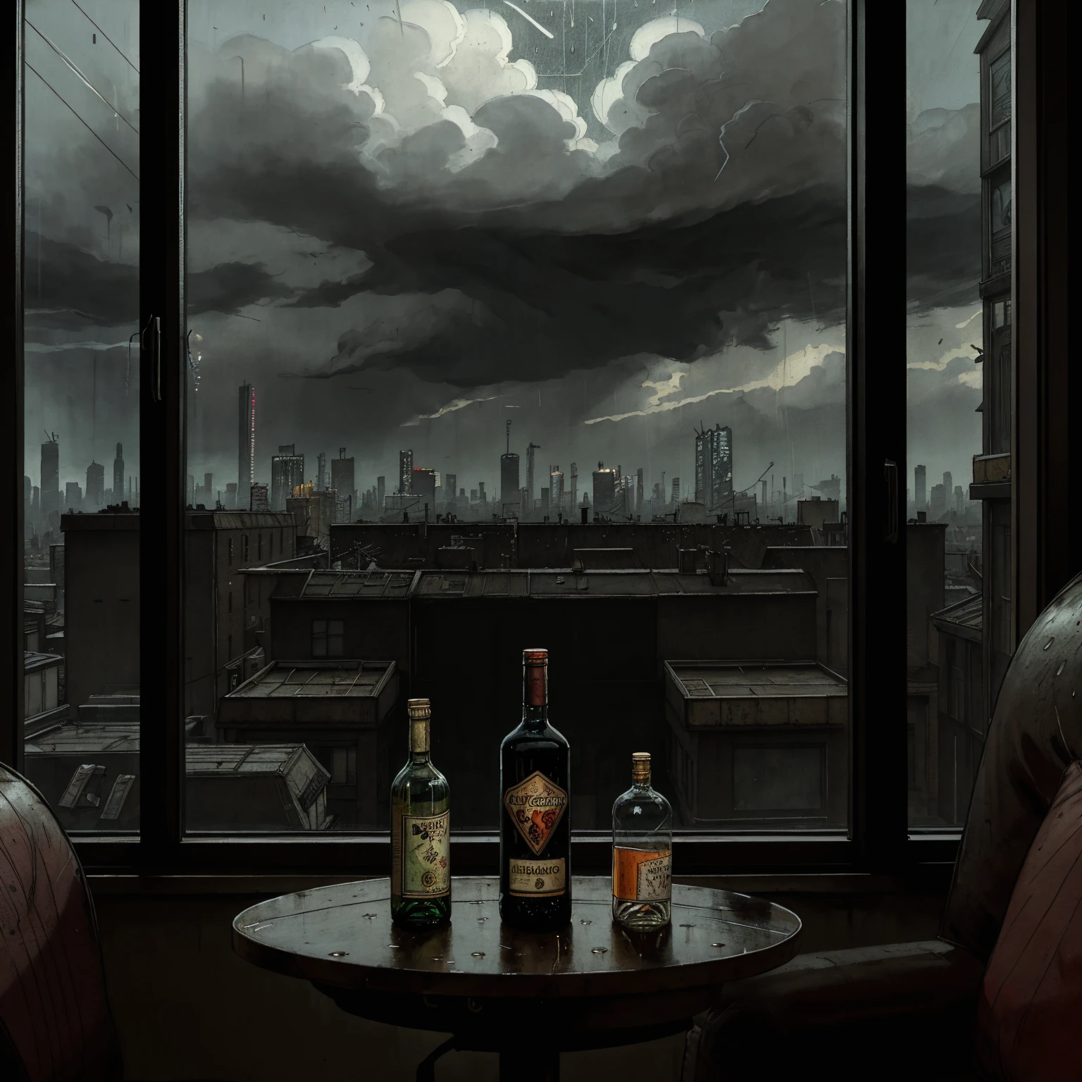 (masterpiece), (dark clouds), (cyberpunk living room), (indoor), (window), (rainy weather), (cyberpunk city), (realistic illustration), (cinematic), (looking out the window), (liquor bottle on table)