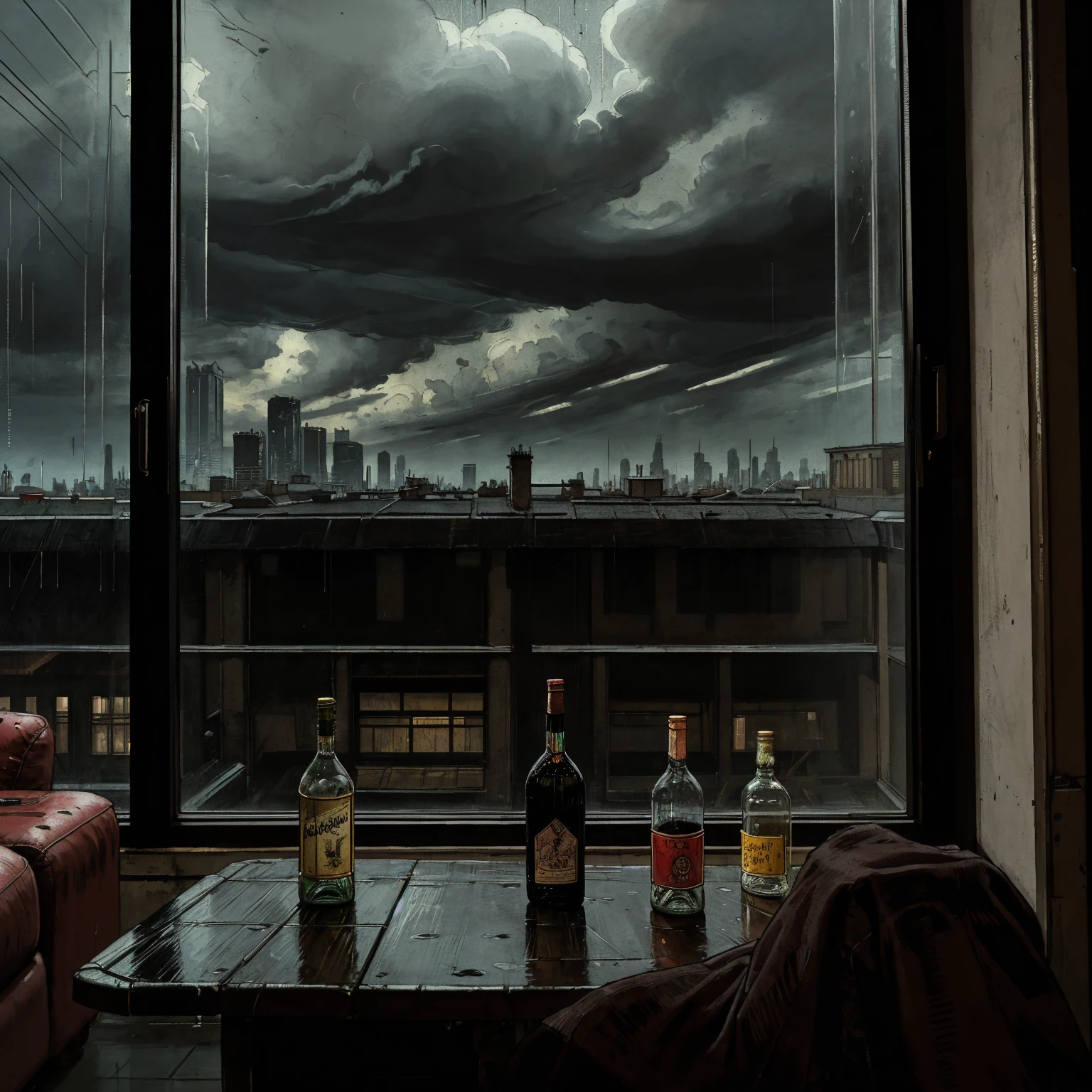 (masterpiece), (dark clouds), (cyberpunk living room), (indoor), (window), (rainy weather), (cyberpunk city), (realistic illustration), (cinematic), (looking out the window), (liquor bottle on table)