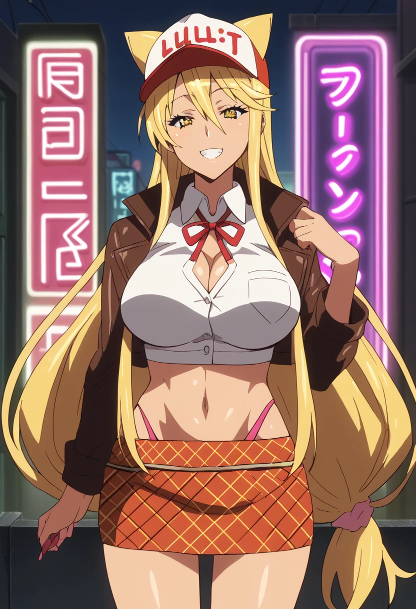 score_9, score_8_up, score_7_up, source_anime, slutty_clothes, gyaru,shizuka marikawa, long hair, blonde hair, very long hair, low-tied long hair, yellow eyes, hair between eyes, skirt, smile, jacket, midriff, looking at viewer, neon lights, cat ears cap