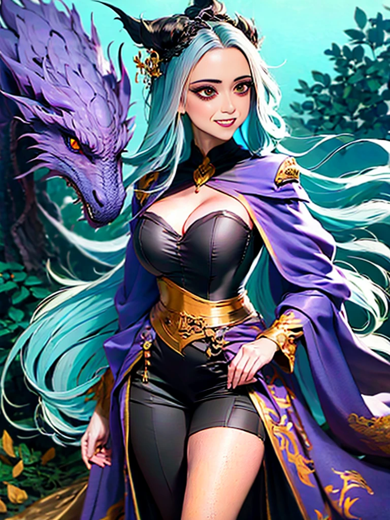 a woman in a black dress holding a sword and a blue and white dragon, beautiful celestial mage, fantasy art style, ((a beautiful fantasy empress)), dark witch character, /!\ the sorceress, arcane art style, discord profile picture, epic fantasy art style, :: rossdraws, dark sorceress, anime fantasy illustration, the witch queen