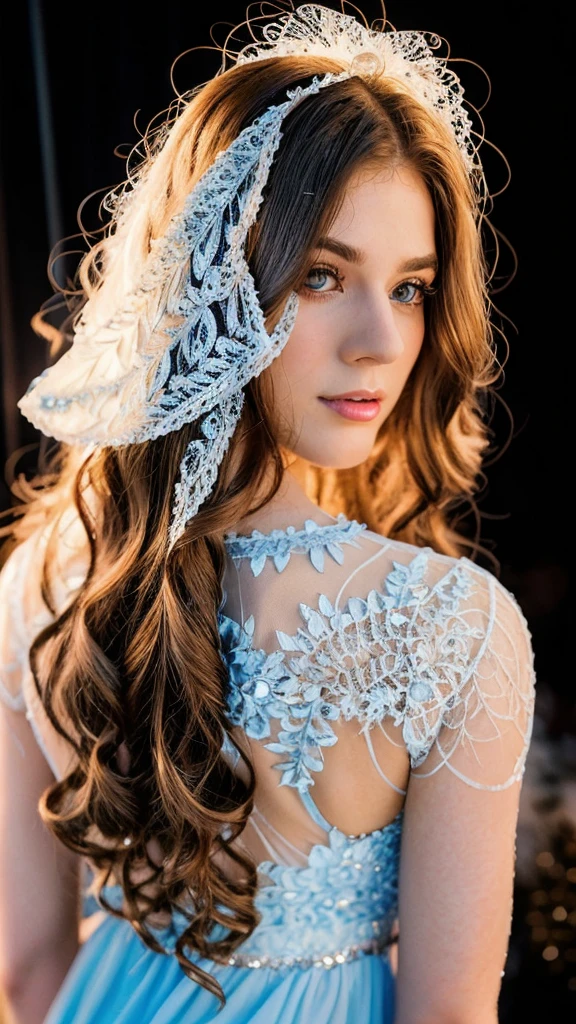 stunningly beautiful girl, in a bright ultramarine chiffon dress, brunette, large beautiful eyes, long fluffy eyelashes, full lips, makeup, glitter, shining fog, smoke, sparks, sparkle, complex hairstyle, filigree, openwork, lace, hyperrealism, sparkling crystals, glow, super detail, body art, fashion style, realism, professional photo, masterpiece