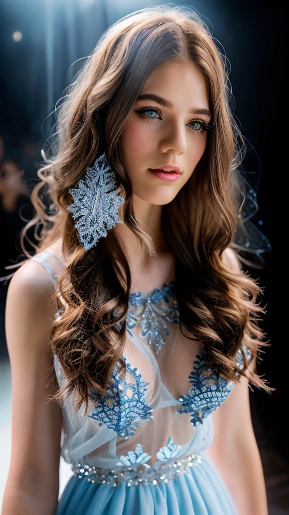 stunningly beautiful girl, in a bright ultramarine chiffon dress, brunette, large beautiful eyes, long fluffy eyelashes, full lips, makeup, glitter, shining fog, smoke, sparks, sparkle, complex hairstyle, filigree, openwork, lace, hyperrealism, sparkling crystals, glow, super detail, body art, fashion style, realism, professional photo, masterpiece