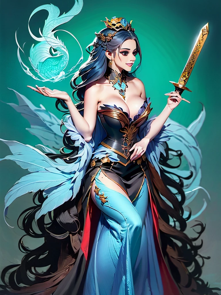 a woman in a black dress holding a sword and a blue and white dragon, concept art by Yang J, pixiv, fantasy art, beautiful celestial mage, fantasy art style, ((a beautiful fantasy empress)), dark witch character, /!\ the sorceress, arcane art style, discord profile picture, epic fantasy art style, :: rossdraws