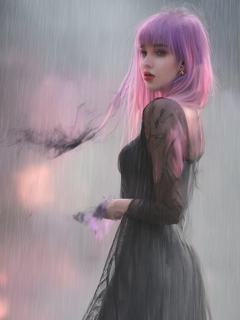 rain,Beauty,High nose,Long eyelashes,目にLight,Pink Lips,Closed Mouth,pastel colour,purple,Dull pink,Dull Blue,heart,Bobcut,Light,Strong winds,Fluttering Hair,Earrings,Smoke a cigarette,bad,cigarette,目にLight,Black Dress,Black lace,Black Hair,Inner color hair,woman