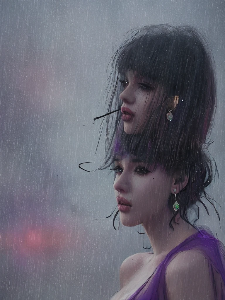 rain,Beauty,High nose,Long eyelashes,目にLight,Pink Lips,Closed Mouth,pastel colour,purple,Dull pink,Dull Blue,heart,Bobcut,Light,Strong winds,Fluttering Hair,Earrings,Smoke a cigarette,bad,cigarette,目にLight,Black Dress,Black lace,Black Hair,Inner color hair,woman