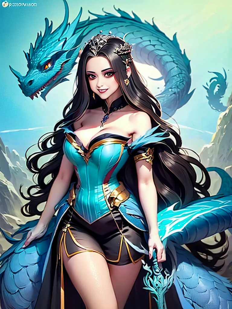 a woman in a black dress holding a sword and a blue and white dragon, concept art by Yang J, pixiv, fantasy art, beautiful celestial mage, fantasy art style, ((a beautiful fantasy empress)), dark witch character, /!\ the sorceress, arcane art style, discord profile picture, epic fantasy art style, :: rossdraws