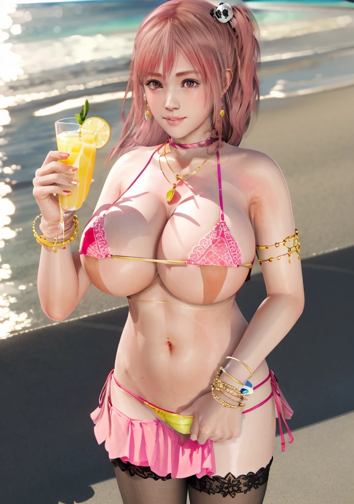 Honoka, Pink bikini ，Super short pleated skirt, bracelet，ring, university student，Pink Hair，Huge breasts，Cleavage，Low-cut，miniskirt，pantyhose，cute，necklace，earrings，beach，drinks，lemon，Sunset，Lace，shy，Ice cream，orange juice