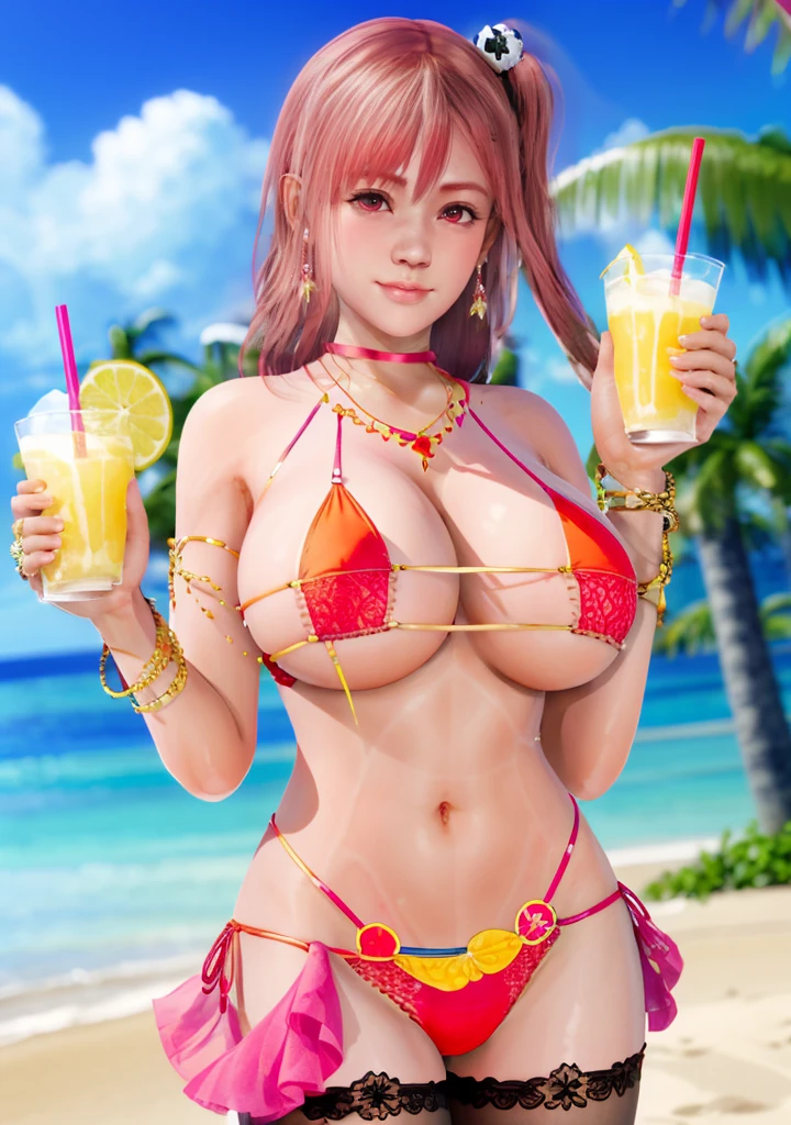 Honoka, Pink bikini ,Super short pleated skirt, bracelet,ring, university student,Pink Hair,Huge breasts,Cleavage,Low-cut,miniskirt,pantyhose,cute,necklace,earrings,beach,drinks,lemon,Sunset,Lace,shy,Ice cream,orange juice
