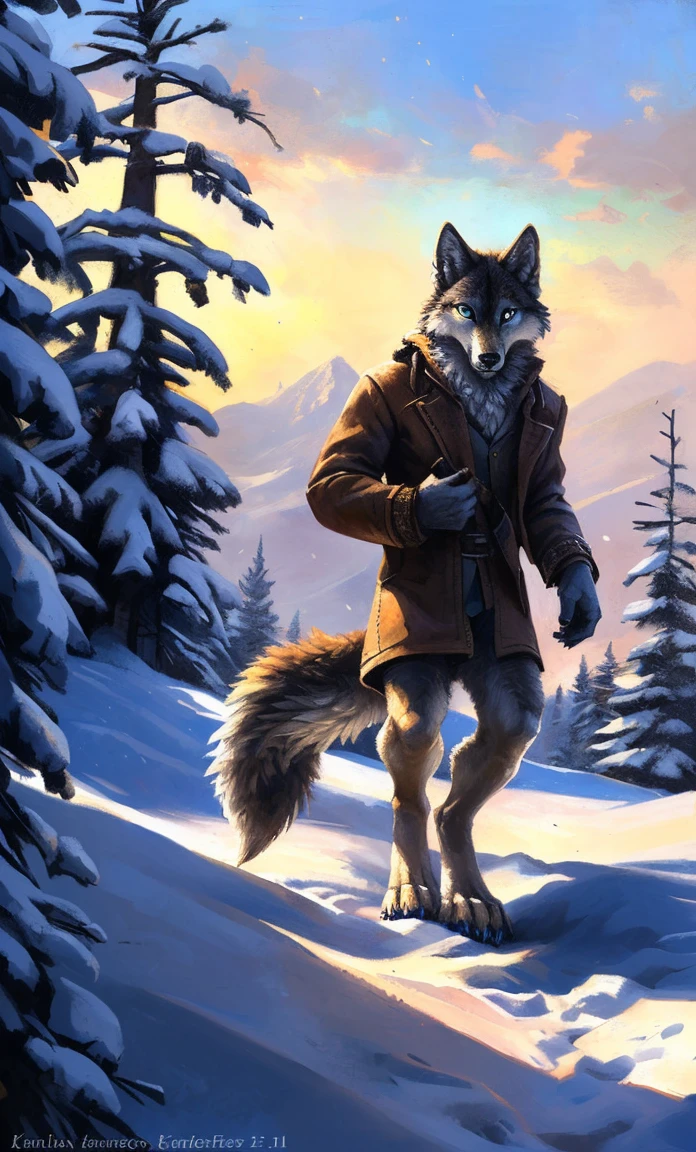 ((Solo)), male people, anthro wolf, (Multi-colored fur, White-brown:1.3,White tail pointed), (Height 2.1m,Tail length 1.2m), ((Wolf face, Big eyes, White eyelids, Blue pupil, Slim:1.2) (Tough, Calm expression:1.2)), Slim, pinging)), (Correct anatomy), (Winter clothing:1.1), The upper body naked, (detailed outfits),A long big tail,Feet,(Realistic fur, Detailed fur texture, labeled:1.3)), (Natural lighting), Photorealistic, Hyperrealistic, ultradetailed, by Kenket,Snowfield,erect through,Running on