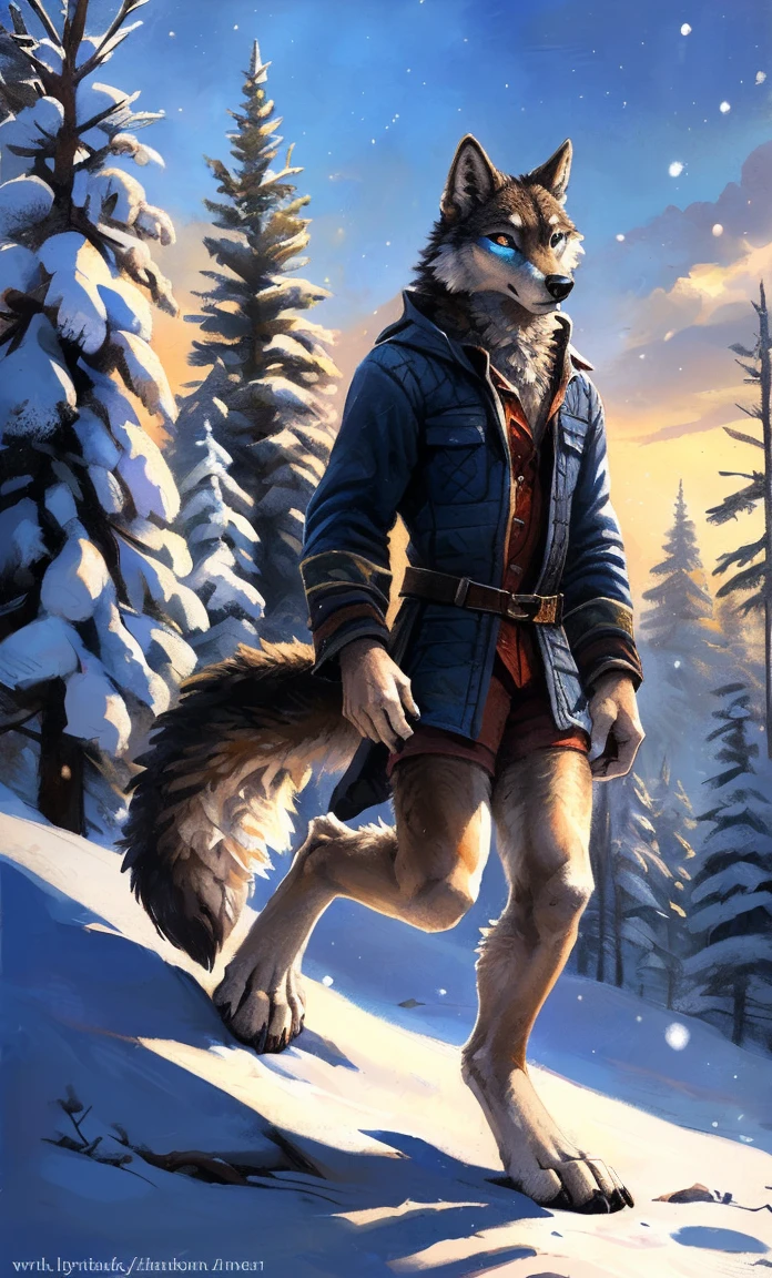 ((Solo)), male people, anthro wolf, (Multi-colored fur, White-brown:1.3，White tail pointed), (Height 2.1m,Tail length 1.2m), ((Wolf face, Big eyes, White eyelids, Blue pupil, Slim:1.2) (Tough, Calm expression:1.2)), Slim, pinging)), (Correct anatomy), (Winter clothing:1.1), The upper body  naked, (detailed outfits),A long big tail，Feet，(Realistic fur, Detailed fur texture, labeled:1.3)), (Natural lighting), Photorealistic, Hyperrealistic, ultradetailed, by Kenket，Snowfield，erect through，Running on
