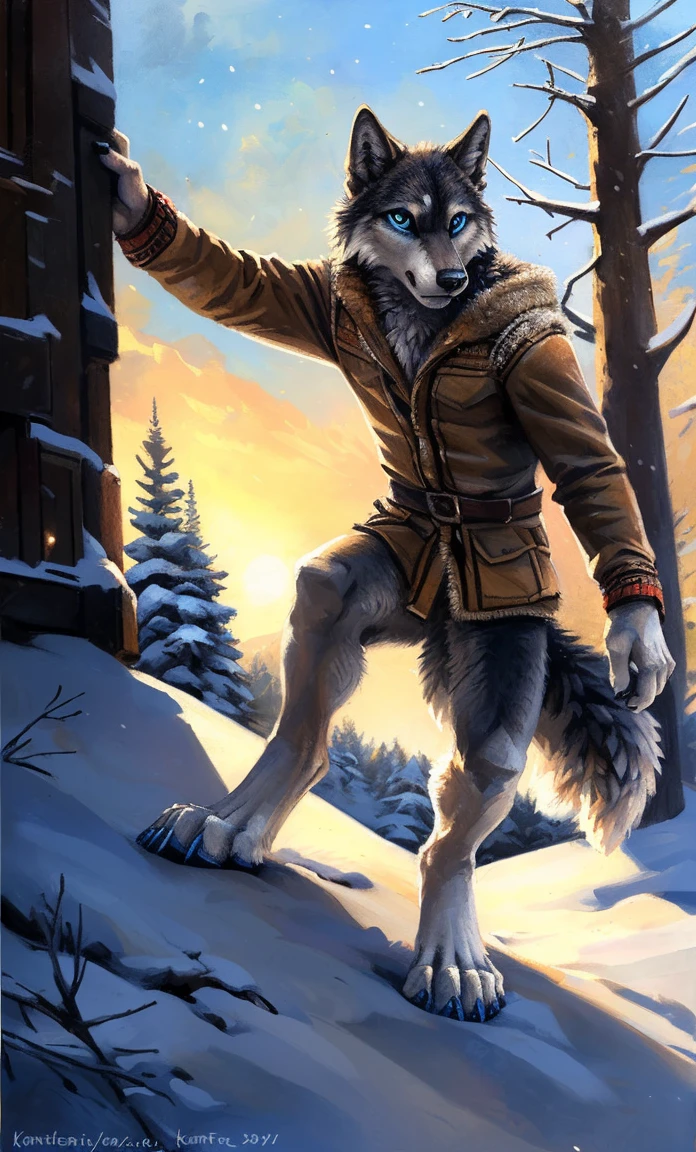((Solo)), male people, anthro wolf, (Multi-colored fur, White-brown:1.3,White tail pointed), (Height 2.1m,Tail length 1.2m), ((Wolf face, Big eyes, White eyelids, Blue pupil, Slim:1.2) (Tough, Calm expression:1.2)), Slim, pinging)), (Correct anatomy), (Winter clothing:1.1), The upper body naked, (detailed outfits),A long big tail,Feet,(Realistic fur, Detailed fur texture, labeled:1.3)), (Natural lighting), Photorealistic, Hyperrealistic, ultradetailed, by Kenket,Snowfield,erect through,Running on