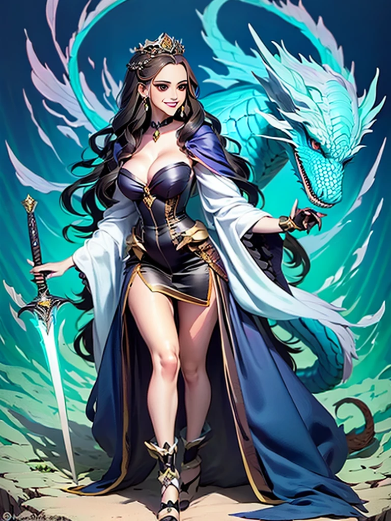 a woman in a black dress holding a sword and a blue and white dragon, beautiful celestial mage, fantasy art style, ((a beautiful fantasy empress)), dark witch character, /!\ the sorceress, arcane art style, discord profile picture, epic fantasy art style, :: rossdraws, dark sorceress, anime fantasy illustration, the witch queen