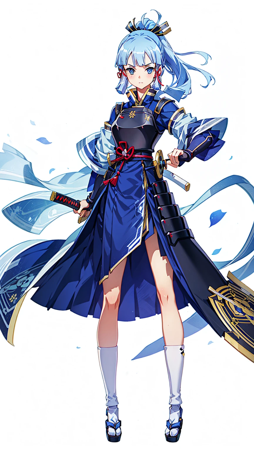 View the viewer, 1 Girl,  Highest quality, Blue Hair, blue eyes, Japanese style armor, Sword in hand, electricity, kamisato ayaka, whole body, blush, Serious face、Very detailed、high resolution、High resolution、Written boundary depth,White Background,A sword as big as your body