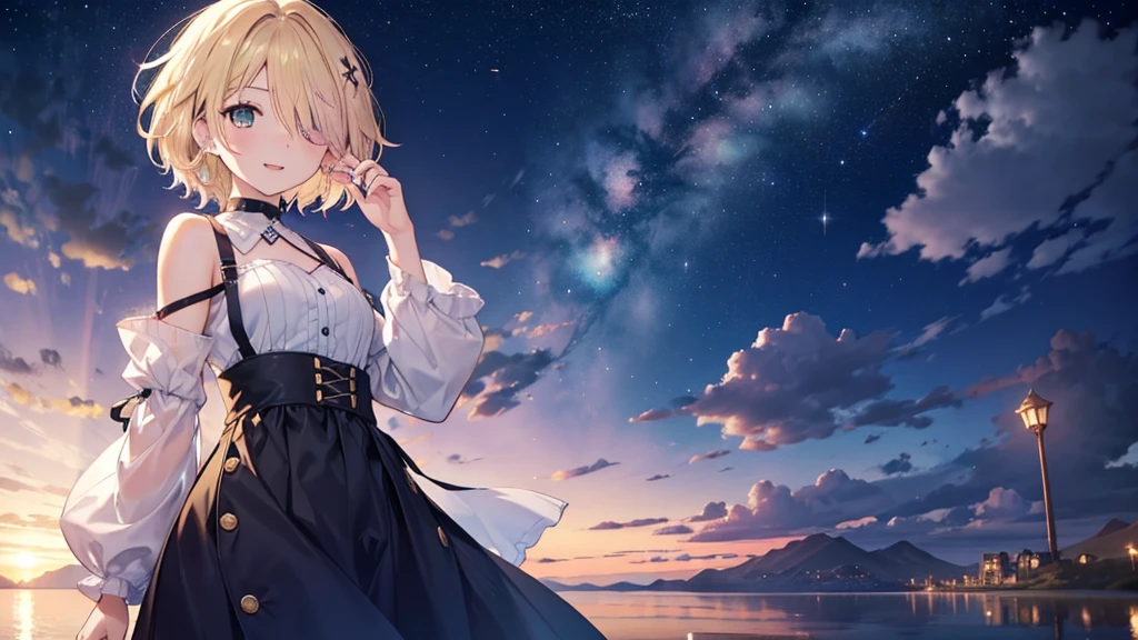 dress, Green Eyes, fine grain、blonde、Multicolored Hair、Inner Color、Wavy Hair、 short hair、28-year-old female、(((((Close one eye)))))、((((yawn)))),((((1 Girl))))、smile、Beautiful night sky、8K background、Medium Chest、whole body、Woman Standing On The Surface of the Lake、Uyuni salt lake、No sleeve、Beautiful fingers