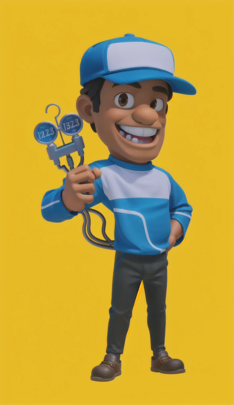 3d, Masterpiece artwork, disney pixar style man holding a pressure gauge, ebony skin, wearing cap, great smile, glad, long sleeve shirt, mascote de corpo inteiro, official character illustration, wearing plumber uniform, Mascot Illustration, detailed illustration, caricature, promotional rendering, bright coloured, rgb