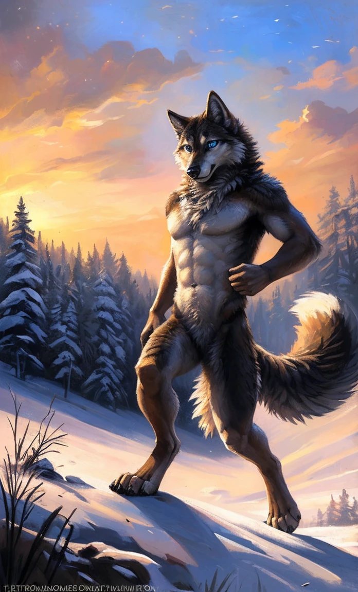 ((Solo)), male people, anthro wolf, (Multi-colored fur, White-brown:1.3，White tail pointed), (Height 2.1m,Tail length 1.5m), ((Wolf face, Big eyes, White eyelids, Blue pupil, Slim:1.2) (Tough, Calm expression:1.2)), Abs, Slim, pinging)), (Correct anatomy), Naked all over the body,A long big tail，Feet，(Realistic fur, Detailed fur texture, labeled:1.3)), (Natural lighting), Photorealistic, Hyperrealistic, ultradetailed, by Kenket，Snowfield，No artifacts, Running on
