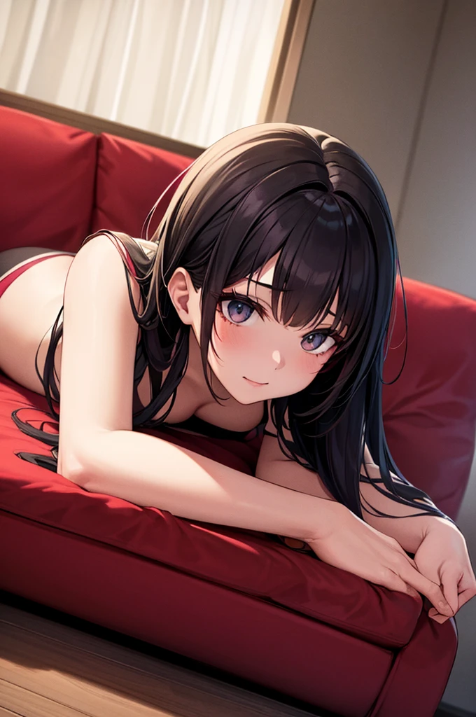 girl, Lying on the sofa, Looks like a lot of fun, Animation Style, Looks gloomy, high quality, Super detailed, Crazy Details, 4K