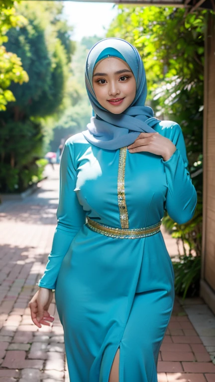 RAW, Best quality, high resolution, Masterpiece: 1.3), Beautiful Malay woman in hijab, Masterpiece, Perfect slim body, ((Big breasts 1.6)), Beautiful big eyes, water eyes, Soft smile, (wearing baju kurung), smiling, windy, skin details, skin texture details, wide hips, thick thighs, sexy body, morning time, laughing, happy, bright sunlight, kitchen path, blurred background, bokeh,