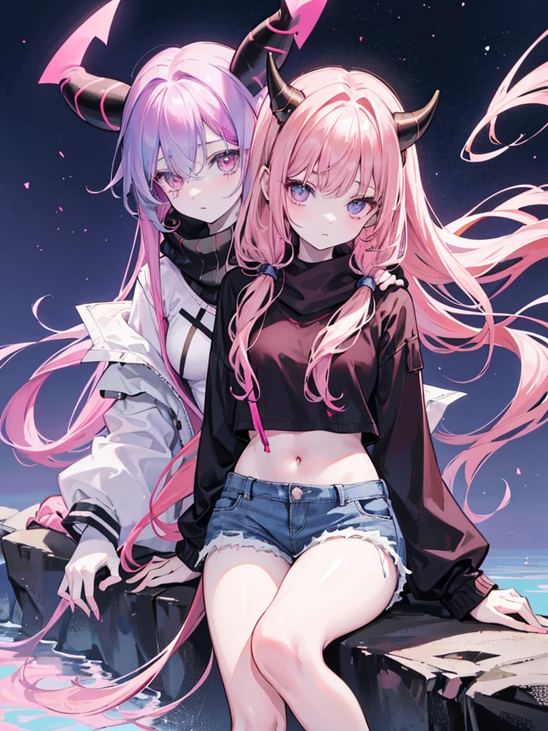 Pale skinned girl, bicolor eyes having one red and one brown, waist-length wavy light brown hair with two black strands, pastel purple sweater, denim shorts, a pink scarf with a blue line in the center on the neck, pink demon horns with pastel blue and pink and pastel blue demon tail sitting on a rock on a mountain while the moonlight illuminates it 