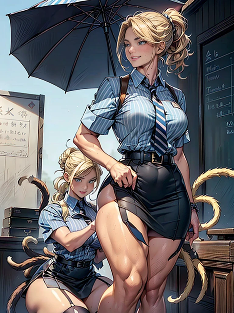 (((Perfect Anatomia, super detailed skin))), Policerman, shining skin, breasts big:0.5, looking away, seeking out, pretty face, beautiful detailed eyes, (pelo largo:1.5, two tails:1.7), blond bun hair, com beautiful detailed eyes, ((dark blue eyes)), lonely images, Body cute, beautiful thighs, beautiful legs, baby face, mole under the eye, ((uniforme de Policerman, light blue short sleeve shirt, Very curvy navy blue tie, blonde low ponytail, yellow eyes umbrella, fleshy lips, seducer, smiling, teacher, open black button, striped blazer, Fitted pencil skirt, garter belt stockings, thick-thighs, curvy physique