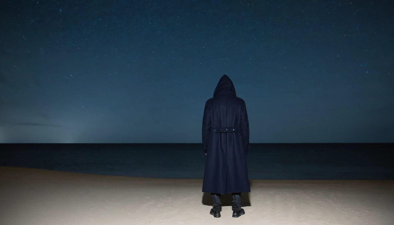A man, in a dark blue coat and hood, had an intimidating attitude. he appeared out of nowhere on a deserted beach at night