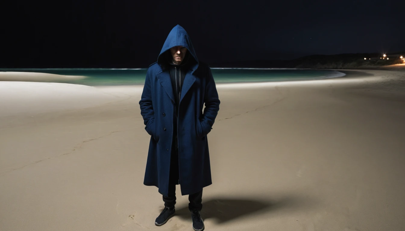 A man, in a dark blue coat and hood, had an intimidating attitude. he appeared out of nowhere on a deserted beach at night