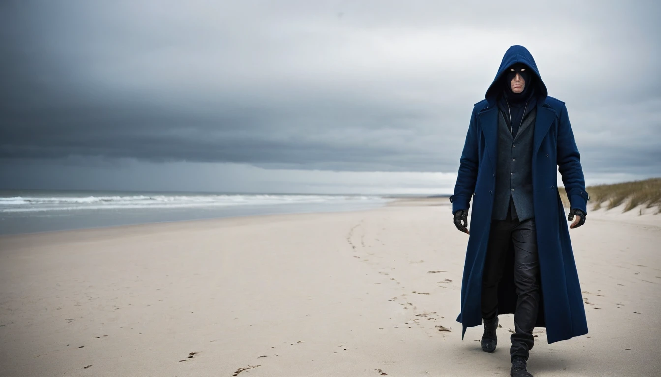 A man, in a dark blue coat and hood, had an intimidating attitude. he appeared out of nowhere on a deserted beach at night