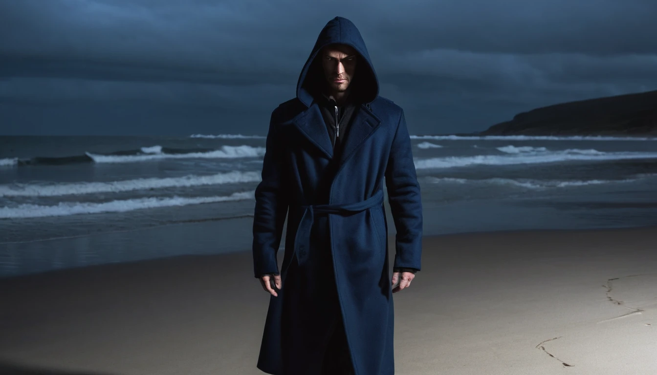 A man, in a dark blue coat and hood, had an intimidating attitude. he appeared out of nowhere on a deserted beach at night
