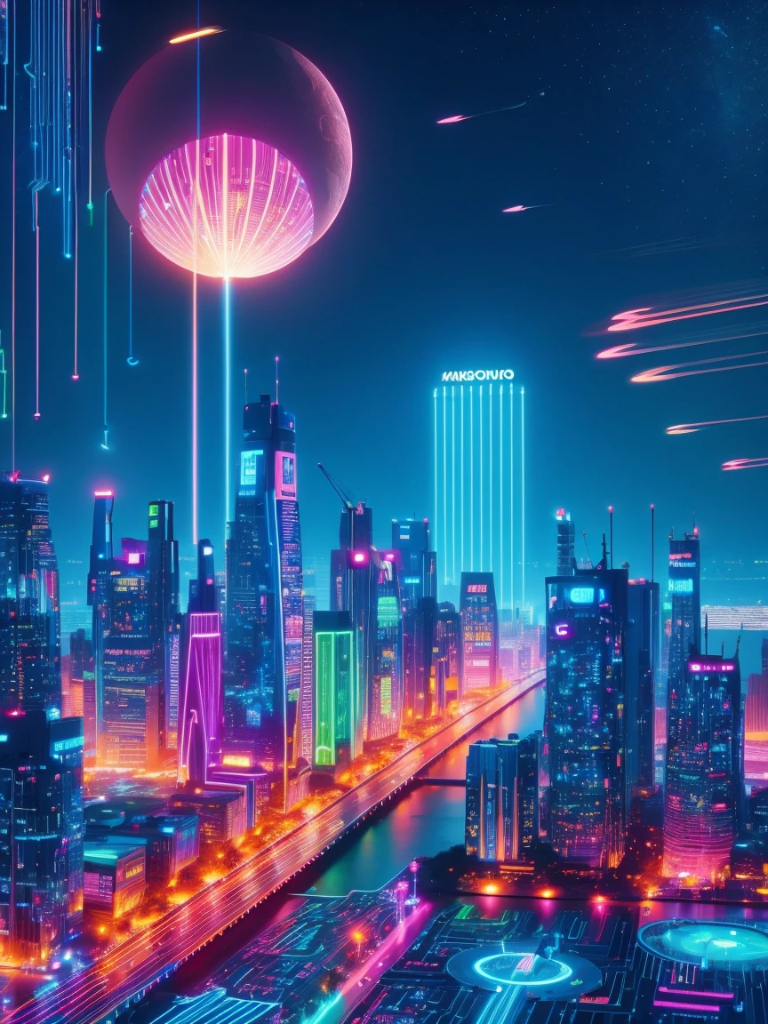 glowing neon of city of Jakarta with monas at night with empty space for text, in style of image stock. (Neon lights),circuit boards,Colorful line,luminescent colors,lamp,jakarta city,(UHD, masterpiece, accurate, high details, high quality, award winning, 8k)