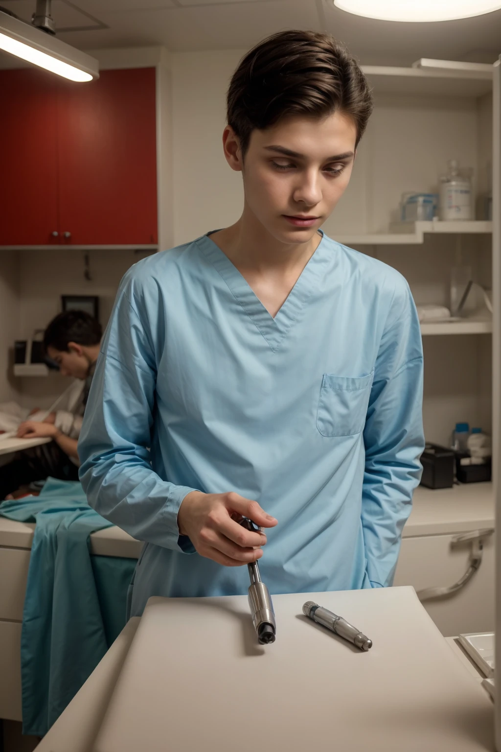 A beautiful young doctor, a twink, a cute male, with a face with make-up on, wearing a long-sleeved aquamarine shirt and black jeans. He is in the major surgical operating room for brain surgery, with smart medical monitors behind him, and he looks proudly, and he has black hair.