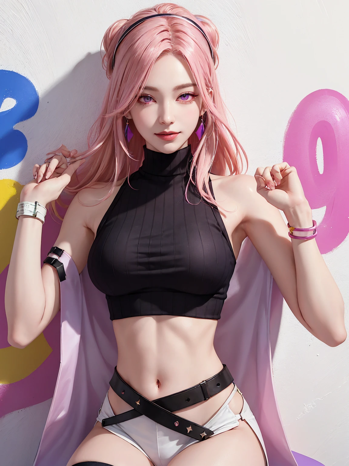 (Masterpiece, best quality, 1 girl, alone, complicated details, Chromatic aberration), realistic, ((Moderate breath)),long hair, pink hair, Red headpiece, Pink Highlights, hair on one eye,purple eyes, earring, sharp eyes, choker, Neon coat, She wears a collar, bangle, and kimono style garters., crop top, (symmetrical eyes),(Perfect symmetrical body),against the wall, Brick wall, (colorful graffiti words on the wall:1.2), The light is dim., alley ,Look at the viewer.、Dig the chest、smile、(sleeveless、Navel touch、Fitted turtleneck.)、street string hot pants、Thin bottom、Please build above the eaves..、Thin shoulders、
