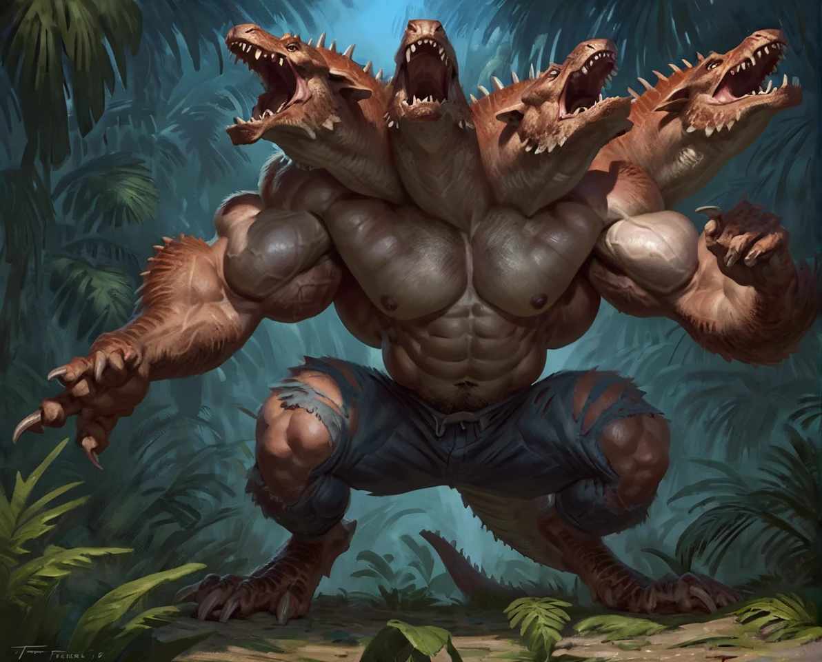 male tyranosaurus mid transformation, solo,(2 heads on 1 body:1.1), masterpiece, hyper muscle, muscular arms, veiny arms, best art, digitigrade, by taran fiddler, torn pants, torn shirt, detailed hands, detailed eyes, detailed torso, jungle, howling expression, transformation, 2 heads, multi heads, night, howling up, muscular, abs, nipples, bird feet