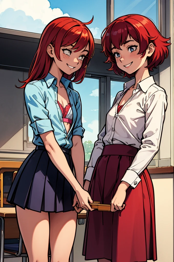 ponytail, hair clip, short sleeves, neck ribbon, white shirt, green skirt, pleated skirt, red ribbon sparrow, braid, hair clip, (futanari), (erect dick), (ejaculation), (blushing), (bowlegs), (sitting), (handjob),(from the front),sexual desire, skirt lifting, on the bed,ahegao,