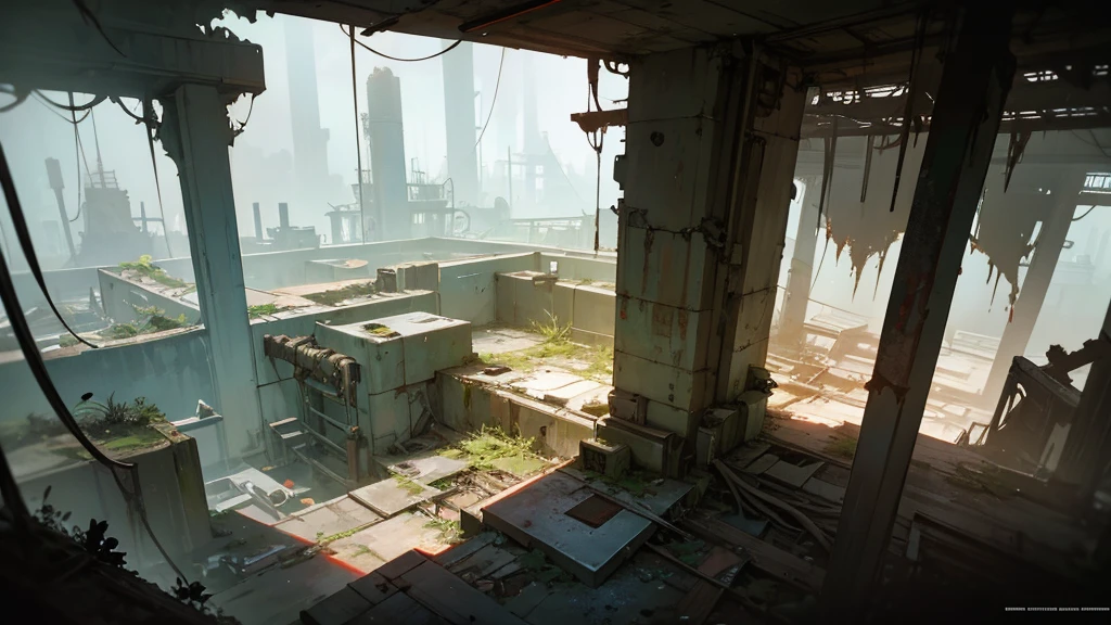 a futuristic abandoned cosmodrome interior room, high angle view, detailed interior, decaying technology, dim lighting, rusted pipes, crumbling concrete, overgrown vegetation, dust motes, shafts of light, abandoned equipment, atmospheric, cinematic, dramatic lighting, moody, gritty, photorealistic