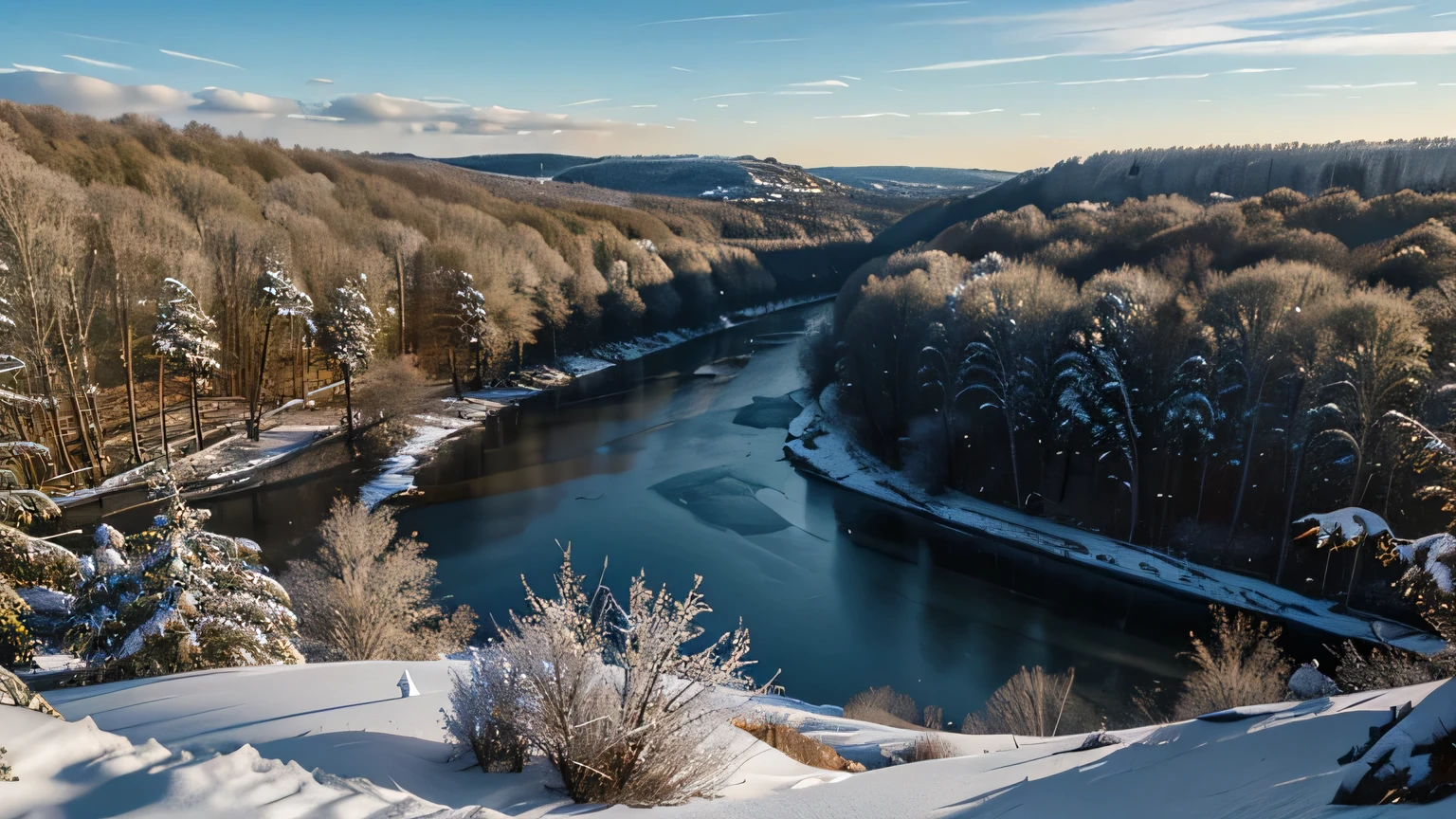 winter, view from a cliff, forest, river, in the distance, beautiful, fairytale-like